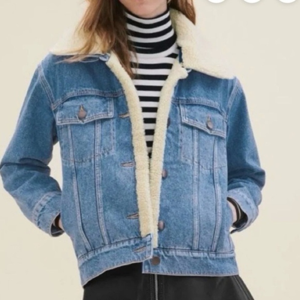 Maje Blue Denim Jacket with Fur lining